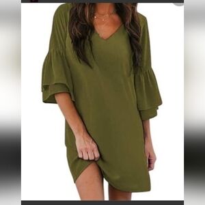 V-Neck Olive Green Ruffle Sleeve Mini Dress 19 inches p2p